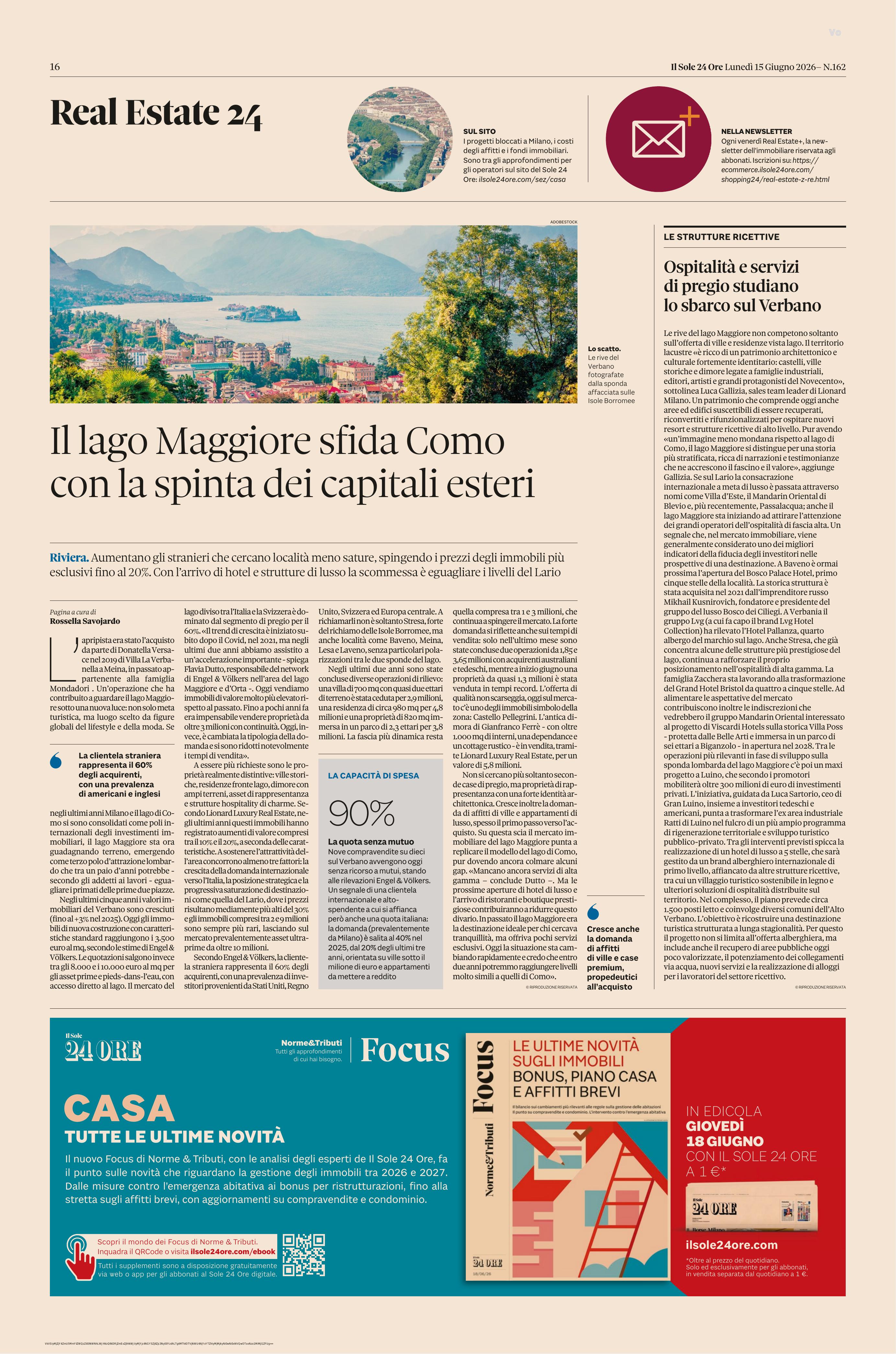 Il Sole 24 Ore — Real Estate, Il lago Maggiore sfida Como con la spinta dei capitali esteri