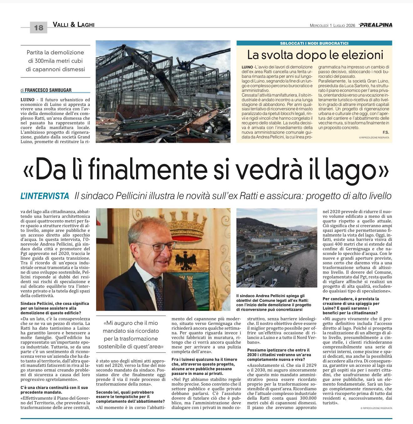 La Prealpina — Da lì finalmente si vedrà il lago, 1 luglio 2026